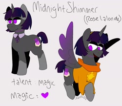 Size: 1722x1493 | Tagged: safe, artist:summersplash, imported from derpibooru, oc, oc:midnight shimmer, alicorn, pony, unicorn, clothes, crossover, female, homestuck, mare, rose lalonde, smiling, solo, text