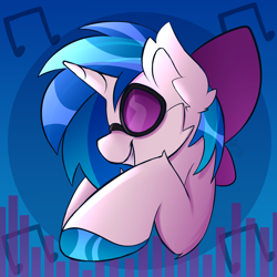 Size: 2500x2500 | Tagged: safe, artist:starcasteclipse, imported from derpibooru, dj pon-3, vinyl scratch, pony, unicorn, abstract background, bow, female, hair bow, smiling, solo, vinyl's glasses