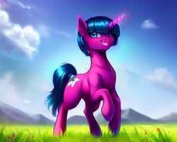 Size: 1280x1024 | Tagged: safe, generator:pony diffusion v3, imported from derpibooru, oc, oc only, oc:lily glamerspear, pony, unicorn, fanfic:everyday life with guardsmares, ai content, ai generated, generator:stable diffusion, grin, prancing, prompter:siber, smiling, solo