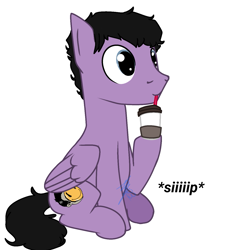 Size: 1195x1329 | Tagged: safe, artist:decaydaance, imported from derpibooru, pegasus, pony, coffee, coffee cup, cup, drinking, kellin quinn, male, onomatopoeia, ponified, signature, simple background, sitting, solo, stallion, text, white background