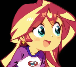 Size: 576x512 | Tagged: safe, editor:luckreza8, imported from derpibooru, sunset shimmer, human, equestria girls, :d, ai content, ai generated, anime, black background, cute, female, generator:pinegraph, open mouth, open smile, shimmerbetes, simple background, smiling, solo