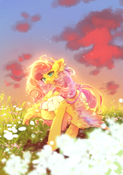 Size: 1953x2757 | Tagged: safe, artist:pfufu, imported from derpibooru, fluttershy, pegasus, pony, cloud, cute, ear fluff, female, field, flower, holding, looking at you, open mouth, raised hoof, shyabetes, sky, solo, spread wings, standing, windswept mane, wings