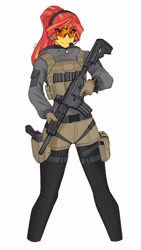 Size: 2160x3840 | Tagged: safe, artist:deeemperor, imported from derpibooru, sunset shimmer, human, equestria girls, armor, assault rifle, belt, body armor, bulletproof vest, clothes, cute, female, gloves, gun, handgun, headset, hk416, holster, jacket, leggings, pistol, rifle, shimmerbetes, shorts, simple background, solo, sunglasses, trigger discipline, weapon, white background