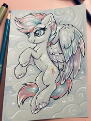 Size: 1536x2048 | Tagged: safe, artist:confetticakez, imported from derpibooru, zipp storm, pegasus, pony, adorazipp, chest fluff, cloud, cute, female, flying, g5, mare, pen, pencil, solo, traditional art, unshorn fetlocks