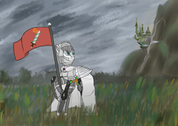 Size: 4093x2894 | Tagged: safe, imported from derpibooru, oc, oc:light knight, pegasus, armor, castle, cloak, clothes, field, flag, grass, guard, knight, order, pegasus oc, sky, sword, weapon