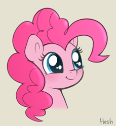 Size: 1564x1710 | Tagged: safe, artist:heretichesh, imported from derpibooru, pinkie pie, earth pony, pony, beige background, big eyes, blushing, bust, cute, diapinkes, female, happy, mare, simple background, smiling, solo