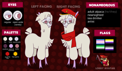 Size: 4330x2518 | Tagged: safe, artist:nonameorous, imported from derpibooru, oc, oc:nonameorous, alpaca, them's fightin' herds, aromantic, asexual, clothes, cloven hooves, community related, eyeshadow, fishing rod, glasses, hat, high res, hooves, looking at you, looking away, makeup, male, non-pony oc, nonbinary, pride flag, red background, reference sheet, scarf, simple background, smug, solo, standing, text, tfh oc, transgender