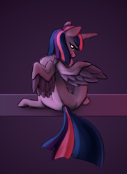 Size: 1228x1688 | Tagged: safe, artist:s410, derpibooru exclusive, imported from derpibooru, twilight sparkle, alicorn, pony, abstract background, female, looking at you, looking back, missing cutie mark, sitting, solo, spread wings, twilight sparkle (alicorn), wings