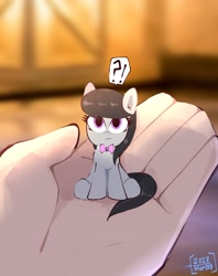 Size: 1628x2059 | Tagged: safe, artist:aceslingerexo, imported from derpibooru, octavia melody, earth pony, human, pony, female, in goliath's palm, mare, micro, offscreen character, offscreen human, question mark, size difference, solo, tiny, tiny ponies