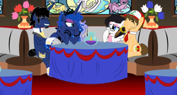 Size: 1600x857 | Tagged: safe, artist:evilfrenzy, imported from derpibooru, pinkie pie, princess luna, oc, oc:frenzy, alicorn, pony, date, female, male, mare, restaurant, sitting, stained glass, stallion, table