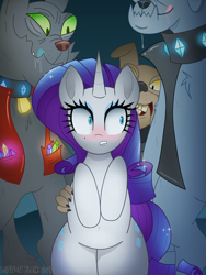 Size: 1500x2000 | Tagged: safe, alternate version, artist:lennonblack, imported from derpibooru, fido, rarity, rover, spot, diamond dog, pony, unicorn, bipedal, blushing, drool, female, food chain, horny, imminent gangbang, imminent sex, male, mare, predator, prey