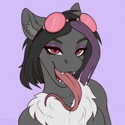 Size: 2048x2048 | Tagged: safe, artist:enderbee, imported from derpibooru, oc, oc only, oc:mimicry, anthro, earth pony, bust, chest fluff, colored, ear fluff, fangs, flat colors, floppy ears, glasses, glasses off, long tongue, portrait, purple background, simple background, solo, tongue out