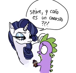 Size: 1075x1026 | Tagged: safe, artist:conniebebe, imported from derpibooru, rarity, spike, dragon, pony, unicorn, simple background, south park, spanish, spanish slang, speech bubble, stan marsh, toy, venezuela, white background