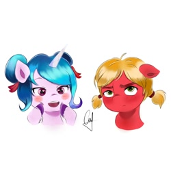 Size: 1080x1080 | Tagged: safe, artist:mango_moon190, imported from derpibooru, izzy moonbow, sprout cloverleaf, earth pony, pony, unicorn, alternate hairstyle, female, g5, male, mare, simple background, stallion, white background