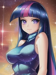 Size: 512x682 | Tagged: safe, imported from derpibooru, twilight sparkle, human, equestria girls, ai content, ai generated, anime style, bare shoulders, beautiful, breasts, busty twilight sparkle, clothes, dress, female, galaxy, generator:novelai, generator:stable diffusion, glowing, humanized, long hair, looking at you, prompter:sammykun, sleeveless, smiling, solo, space, sparkles, sparkly eyes, stars, turtleneck, wingding eyes