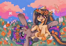 Size: 1536x1067 | Tagged: safe, artist:xiooo37, imported from derpibooru, oc, earth pony, pony, unicorn, chest fluff, duo, female, floral head wreath, flower, flower field, mare