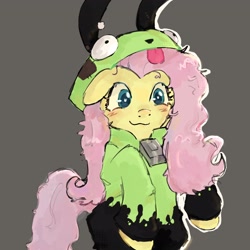 Size: 2048x2048 | Tagged: safe, artist:egg_t0ast, imported from derpibooru, fluttershy, pegasus, pony, antonymph, clothes, costume, fluttgirshy, gir, gray background, hoodie, invader zim, simple background, solo