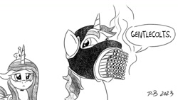 Size: 1200x675 | Tagged: safe, artist:pony-berserker, imported from derpibooru, princess cadance, shining armor, cigarette, crosshatch, derp, gentlemen, mentlegen, monochrome, pony-berserker's twitter sketches, pony-berserker's twitter sketches (2023), resigned, simple background, spy, spy suit, team fortress 2, white background