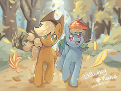 Size: 2732x2048 | Tagged: safe, artist:蹦蹦鼠, imported from derpibooru, applejack, rainbow dash, earth pony, pegasus, pony, fall weather friends, female, forest, leaves, looking at each other, looking at someone, looking sideways, mare, open mouth, open smile, running of the leaves, scene interpretation, smiling