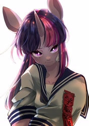 Size: 2894x4093 | Tagged: safe, artist:potetecyu_to, imported from derpibooru, twilight sparkle, anthro, unicorn, clothes, female, looking at you, mare, sailor uniform, simple background, solo, talisman, uniform, white background