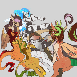 Size: 3000x3000 | Tagged: safe, artist:nsilverdraws, imported from derpibooru, oc, oc only, oc:chel silktail, oc:echo trot, oc:eldorada, oc:ira, oc:polina star, oc:season's greetings, oc:yiazmat, draconequus, dracony, dragon, griffon, hybrid, kirin, pony, robot, robot pony, unicorn, series:inspector yiaz, butt, claws, couples, draconequus oc, female, grades, griffon oc, horn, horns, husband and wives, kirin oc, male, paw pads, paws, plot, polyamory, polygamy, shipping, spread wings, tail, unicorn oc, wings