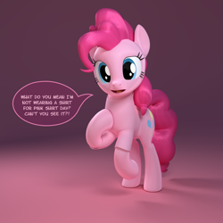 Size: 4096x4096 | Tagged: safe, artist:zgcbrony, imported from derpibooru, pinkie pie, earth pony, pony, 3d, absurd resolution, anti-bullying, blender, blender cycles, clothes, dialogue, female, looking at you, pink shirt, pink shirt day, shirt, solo, speech bubble