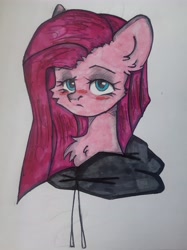 Size: 4019x5380 | Tagged: safe, artist:starkey, imported from derpibooru, pinkie pie, earth pony, pony, bust, chest fluff, clothes, ear fluff, hoodie, pinkamena diane pie, portrait, sad, solo, traditional art