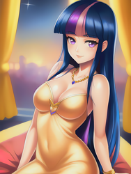 Size: 1020x1360 | Tagged: safe, imported from derpibooru, twilight sparkle, human, equestria girls, ai content, ai generated, anime style, bare shoulders, beautiful, breasts, busty twilight sparkle, clothes, dress, female, generator:novelai, generator:stable diffusion, glowing, gold, humanized, long hair, looking at you, prompter:sammykun, shiny, sitting, sleeveless, smiling, solo, sparkly eyes, yellow dress