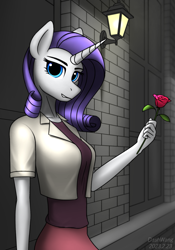 Size: 1573x2247 | Tagged: safe, artist:dash wang, imported from derpibooru, rarity, anthro, clothes, flower, rose, wall, window