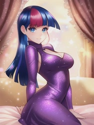 Size: 512x682 | Tagged: safe, imported from derpibooru, twilight sparkle, human, equestria girls, ai content, ai generated, anime style, beautiful, breasts, busty twilight sparkle, clothes, dress, female, generator:novelai, generator:stable diffusion, glowing, humanized, long hair, looking at you, ouch, prompter:sammykun, shiny, sitting, smiling, solo, sparkles, turtleneck