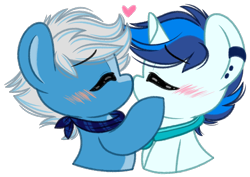 Size: 2676x1896 | Tagged: safe, artist:emberslament, imported from derpibooru, oc, oc only, oc:blue decibel, oc:jay pop, earth pony, unicorn, chibi, gay, kissing, male, simple background, stallion, transparent background