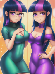 Size: 1020x1360 | Tagged: safe, imported from derpibooru, sci-twi, twilight sparkle, human, equestria girls, ai content, ai generated, anime style, beautiful, belly button, boob window, breasts, busty twilight sparkle, clothes, dress, female, generator:novelai, generator:stable diffusion, glasses, glowing, humanized, long hair, looking at you, ouch, prompter:sammykun, shiny, siblings, sitting, smiling, smiling at you, solo, sparkles, sparkly eyes, turtleneck, twins, wingding eyes