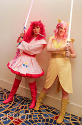 Size: 418x640 | Tagged: safe, imported from derpibooru, fluttershy, pinkie pie, human, boots, clothes, cosplay, costume, duo, high heel boots, humanized, irl, irl human, jedi, photo, shoes, star wars