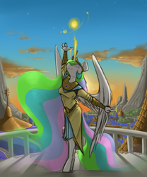 Size: 1466x1766 | Tagged: safe, artist:sinrar, imported from derpibooru, princess celestia, alicorn, anthro, unguligrade anthro, beautiful, canterlot, clothes, dress, majestic, morning, praise the sun, raising the sun, solo, sun