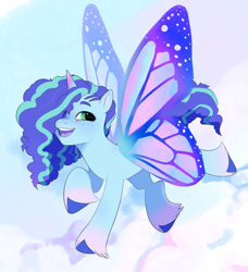 Size: 1757x1927 | Tagged: safe, artist:aztrial, imported from derpibooru, pony, unicorn, butterfly wings, cloud, curly mane, cute, female, flying, freckles, g5, glimmer wings, hair over one eye, happy, mare, misty brightdawn, mistybetes, open mouth, open smile, smiling, solo, unshorn fetlocks, wings