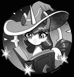 Size: 2008x2085 | Tagged: safe, artist:mrscroup, imported from derpibooru, twilight sparkle, pony, unicorn, book, female, grayscale, hat, high res, mare, monochrome, open book, reading, solo, unicorn twilight, wizard hat