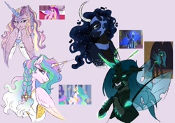 Size: 1280x896 | Tagged: source needed, safe, artist:littlepudel, imported from derpibooru, nightmare moon, princess cadance, princess celestia, queen chrysalis, alicorn, changeling, pony, alternate design, colored, colored sketch, curved horn, horn, sketch