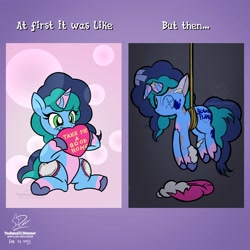 Size: 3500x3500 | Tagged: safe, artist:theratedrshimmer, imported from derpibooru, pony, unicorn, abuse, broken horn, g5, horn, meme, misty brightdawn, mistybuse, piñata, plushie, ponified meme, sad, solo, toy, toy abuse