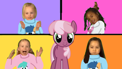 Size: 1652x946 | Tagged: safe, artist:hasbropreschool1983, edit, imported from ponybooru, aura (character), cheerilee, first base, ruby pinch, earth pony, human, pony, charlotte borgquist, eleanor metoyer, female, funny faces, g4, implied aura (g4), implied first base, implied ruby pinch, mare, matilda mei lin, orange background, pink background, purple background, simple background, violet rossiter, yellow background