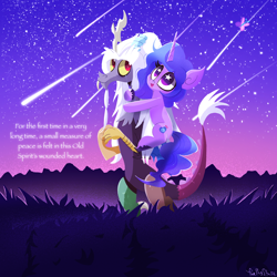 Size: 1024x1024 | Tagged: safe, imported from derpibooru, discord, izzy moonbow, spoiler:g5comic, cute, g5, izzybetes, old man discord, signature, stars