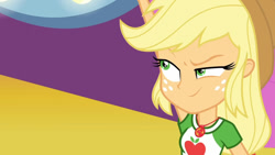 Size: 1000x563 | Tagged: safe, imported from ponybooru, screencap, applejack, equestria girls, clothes, female, freckles, hat, raised arm, raised eyebrow, shirt, smiling, smirk, solo