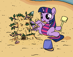 Size: 587x464 | Tagged: safe, artist:myra, imported from derpibooru, twilight sparkle, pony, unicorn, beach, clothes, female, filly, filly twilight sparkle, happy, one-piece swimsuit, sand, sandcastle, shovel, sitting, solo, spread legs, spreading, swimsuit, younger