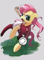 Size: 2248x3050 | Tagged: safe, artist:solid shrimp, imported from derpibooru, fluttershy, pegasus, pony, ball, camogie, clothes, derp, female, hurley, hurling, jersey, mouth hold, shorts, simple background, socks, solo, sports