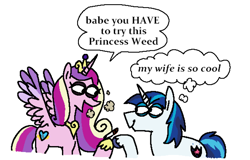 Size: 2048x1312 | Tagged: safe, artist:punkittdev, imported from derpibooru, princess cadance, shining armor, alicorn, pony, unicorn, bags under eyes, dialogue, drug use, drugs, female, height difference, joint, lidded eyes, looking at each other, looking at someone, male, mare, marijuana, shiningcadance, shipping, simple background, smoke, speech bubble, stallion, straight, thought bubble, white background