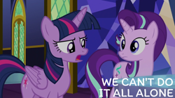 Size: 1920x1080 | Tagged: safe, edit, edited screencap, editor:quoterific, imported from derpibooru, screencap, starlight glimmer, twilight sparkle, alicorn, pony, unicorn, school daze, cutie map, duo, duo female, female, mare, open mouth, twilight sparkle (alicorn), twilight's castle