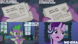 Size: 2000x1125 | Tagged: safe, edit, edited screencap, editor:quoterific, imported from derpibooru, screencap, fluttershy, rainbow dash, spike, starlight glimmer, dragon, pegasus, pony, unicorn, every little thing she does, book, bookshelf, card, chest, confused, female, friendship lesson, globe, holding, implied chillaxing, male, mare, open mouth, plant, twilight's castle, window