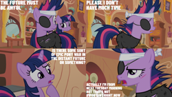 Size: 2000x1125 | Tagged: safe, edit, edited screencap, editor:quoterific, imported from derpibooru, screencap, twilight sparkle, pony, unicorn, it's about time, alternate hairstyle, bandana, clothes, confused, eyepatch, female, future twilight, golden oaks library, gritted teeth, injured, mare, open mouth, scar, self paradox, self ponidox, teeth, twolight, unicorn twilight