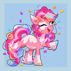 Size: 2048x2048 | Tagged: safe, artist:plushtrapez, imported from derpibooru, pinkie pie, earth pony, pony, chest fluff, coat markings, colored ears, colored hooves, confetti, ear fluff, female, high res, hoof fluff, hooves, mare, one eye closed, open mouth, open smile, raised hoof, raised leg, redesign, smiling, solo, unshorn fetlocks, white pupils, wink