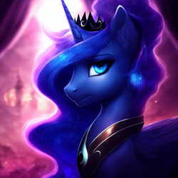 Size: 1536x1536 | Tagged: safe, editor:epsilonwolf, imported from derpibooru, princess luna, alicorn, pony, ai assisted, ai content, collar, ear fluff, ethereal mane, female, generator:purplesmart.ai, generator:stable diffusion, horn, jewelry, looking at you, mare, regalia, smiling, solo, tiara, wings