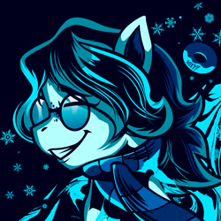 Size: 3000x3000 | Tagged: safe, artist:poxy_boxy, imported from derpibooru, oc, oc only, pegasus, pony, bust, clothes, commission, dichromatic, eyes closed, glasses, grin, limited palette, round glasses, scarf, smiling, solo